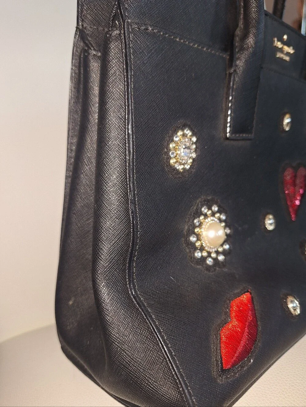 Kate Spade Black Leather & Embellished Applique Satchel w/ 2 Straps EUC